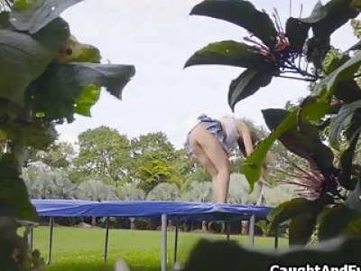 Trampoline big tit blows thick dick