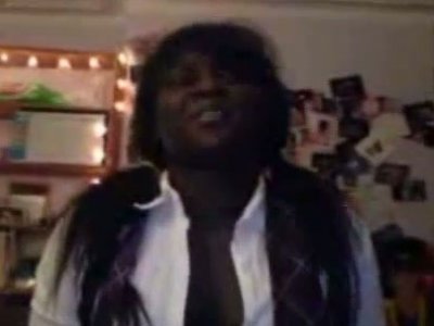 Fat raven black ebony teen puts on a student uniform